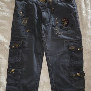 Robin's Jeans Blue with Gold Wing Embroidery Cargo Shorts Sz 29
